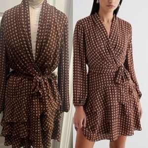 Brown Long sleeve tie waist tiered mini dress new with tags